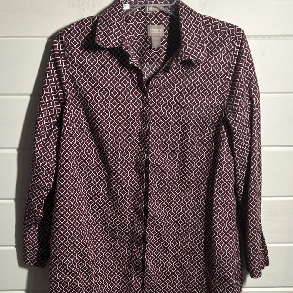 Chico's Burgundy White Geometric Long Sleeve Button-Down Cotton Blouse Women's 1